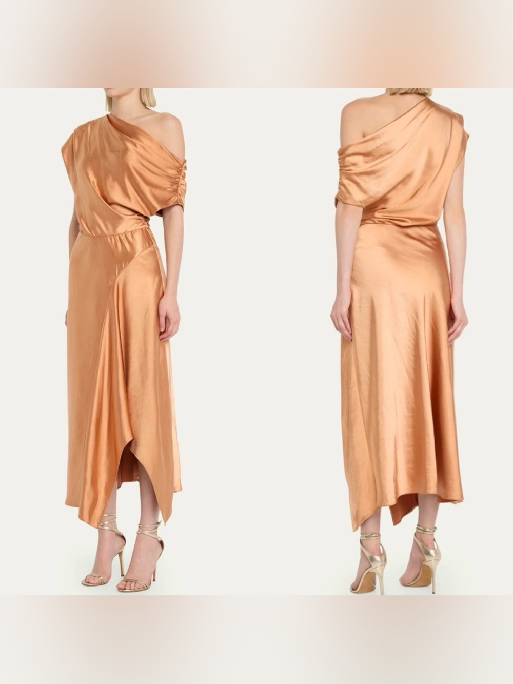 A.L.C. Women's Orange Jasmine Draped Asymmetric Satin Midi Dress, Size 4